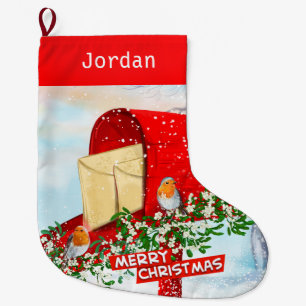 Wintervögel auf der Schneeroten Postkiste Personal Großer Weihnachtsstrumpf