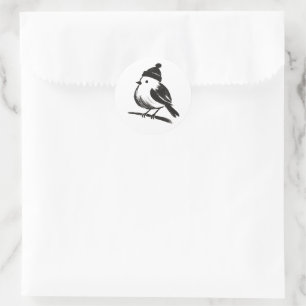Wintervogel in Beanie – Tuschepinsel-Minimalismus Runder Aufkleber