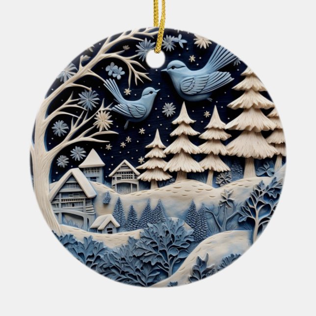 Wintervögel in Waldschmuck Keramik Ornament (Vorne)