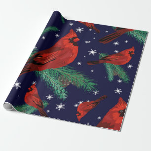 Wintervögel - Kardinäle auf Tannenarmen mit Geschenkpapier