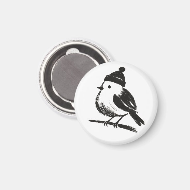 Wintervogel mit Mütze – Tuschepinsel-Minimalismus  Magnet (Vorderseite/Rückseite)