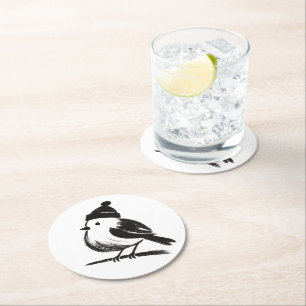 Wintervogel mit Mütze – Tuschepinsel-Minimalismus Runder Pappuntersetzer