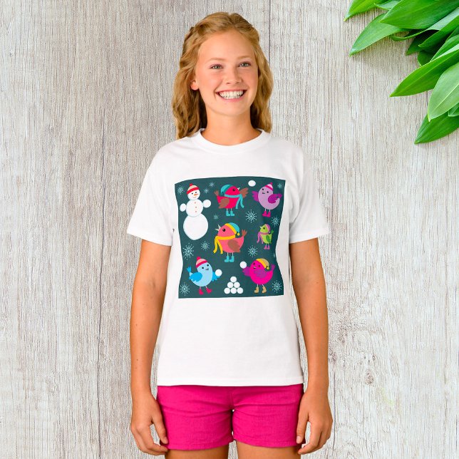 Wintervögel mit Schnee spielen mit Schneemann T-Shirt (Von Creator hochgeladen)