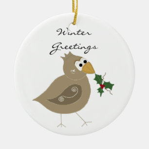 Wintervogel mit Stechpalmenzweig Keramik Ornament