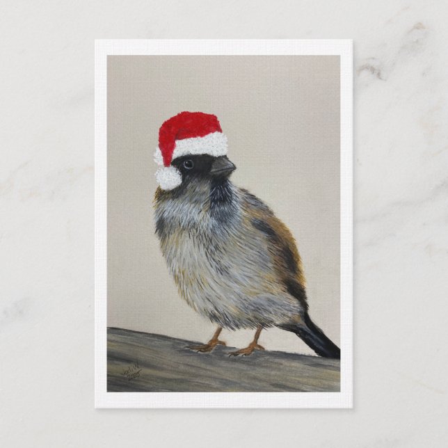 Wintervogel mit Weihnachtsmannmütze - Originalkuns Einladung (Vorderseite)