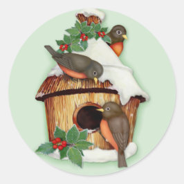 Wintervögel und Birdhouse Runder Aufkleber