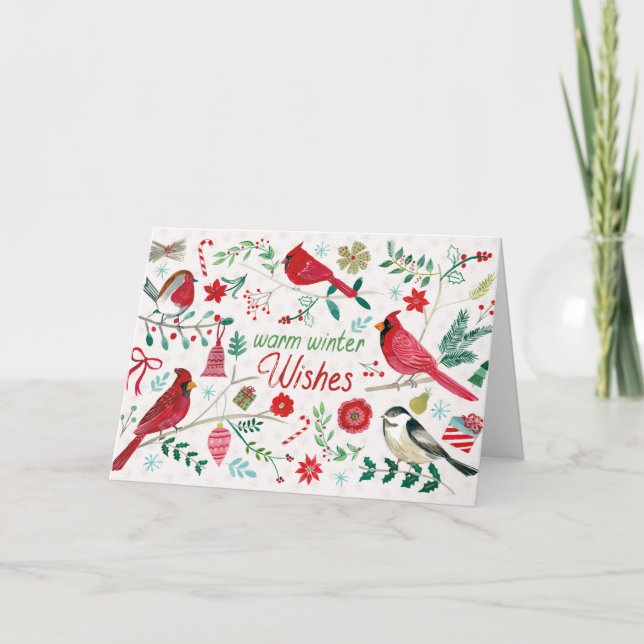 Wintervögel - warme Wünsche Feiertagskarte (Vorderseite)