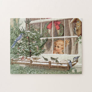 Wintervögel-Weihnachtsbaum-Vintage-Feiertage-Natur Puzzle