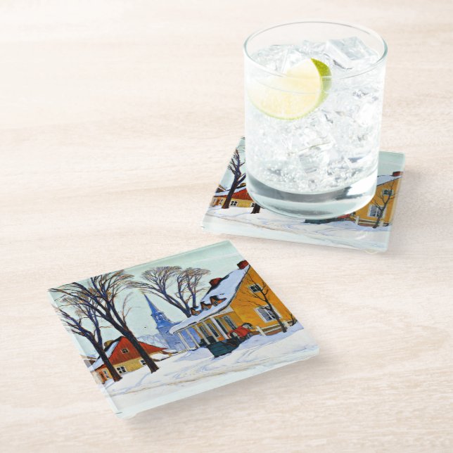 Wintervormittag, schöne Kunst von Clarence Gagnon Glasuntersetzer (Schrägansicht)