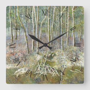 Winterwald Aquarellmalerei Quadratische Wanduhr