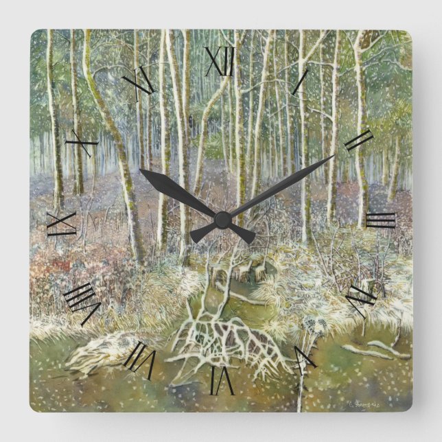 Winterwald Aquarellmalerei Quadratische Wanduhr (Vorderseite)
