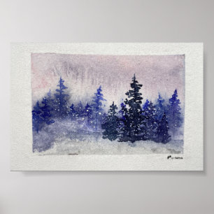 Winterwald-Dämmerung Tannen Wasserfarben-Kunst-Dru Poster