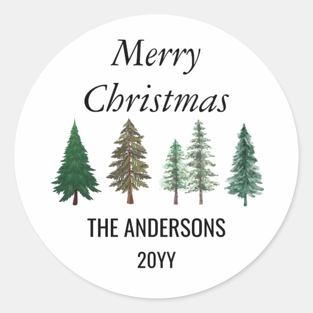 Winterwald Elegante Pine Trees Weihnachten Runder Aufkleber (Vorderseite)