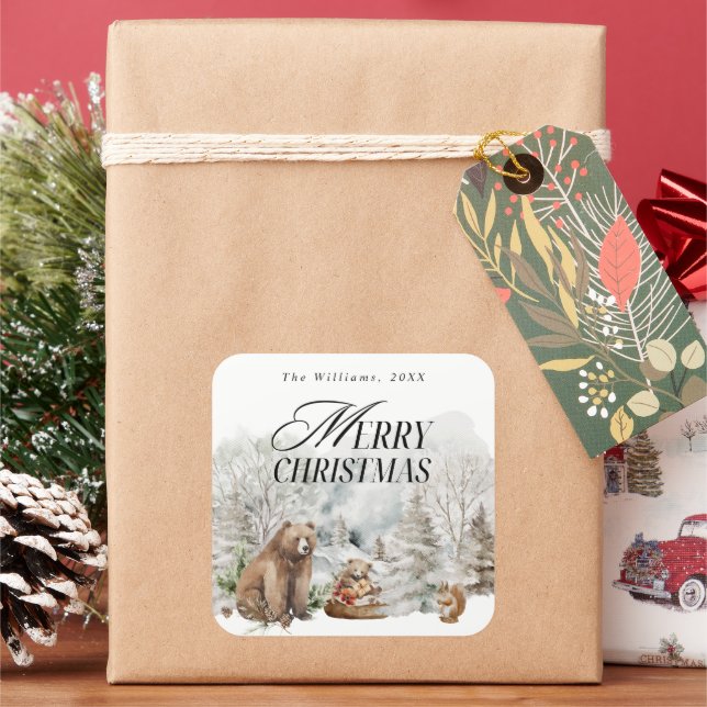 Winterwald Elegante Wasserfarbe Frohe Weihnachten Quadratischer Aufkleber (Feiertag)