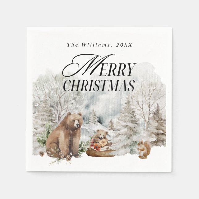 Winterwald Elegante Wasserfarbe Frohe Weihnachten Serviette (Vorderseite)