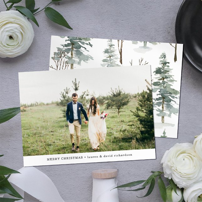 Winterwald | Frohe Weihnachten Foto (A festive Christmas photo card with a winter forest pattern on the back)