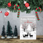 Winterwald "Happy Holidays" Feierliche Weihnachten<br><div class="desc">Diese Grußkarte mit einer Hirschfamilie in einer schneebedeckten Winterwaldlandschaft ist ideal,  um diese Weihnachtszeit an Familie und Freunde zu senden. Das Innere erlaubt es Ihnen,  Ihr eigenes Foto und die saisonale Botschaft hinzuzufügen und ist leicht anpassbar.</div>
