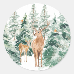 Winterwald Hirsch Rustikale Weihnachten Runder Aufkleber
