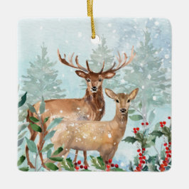 Winterwald, Hirsche, Blockhütte Keramik Keramikornament