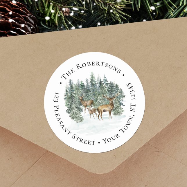 Winterwald Hirsche Weihnachtsrunde Rücksendeadress Runder Aufkleber (Von Creator hochgeladen)