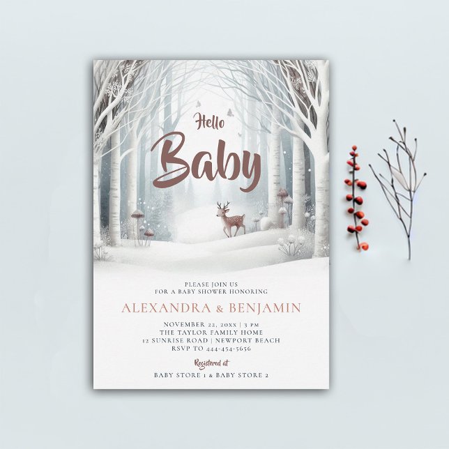 Winterwald Hirschgeschlechtsneutrale Babydusche Einladung (winter baby shower invitation neutral white wonderland enchanted forest woodland deer cute coed chic)
