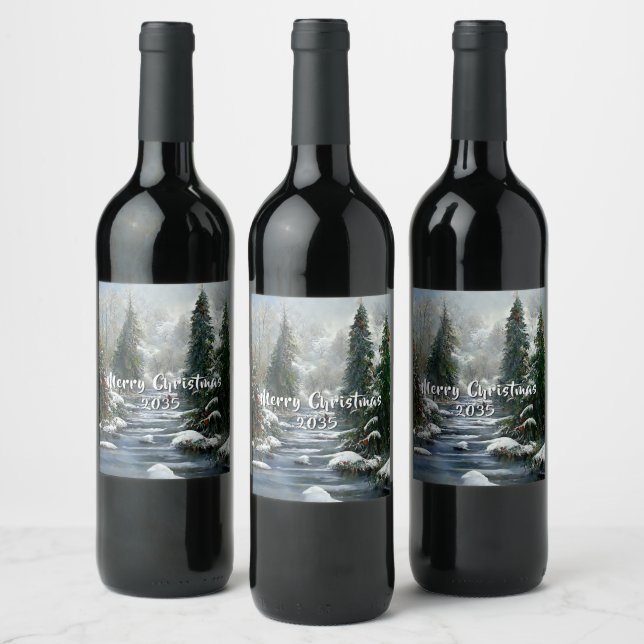 Winterwald-Land-Fluss-Weihnachten  Weinetikett (Flaschen)