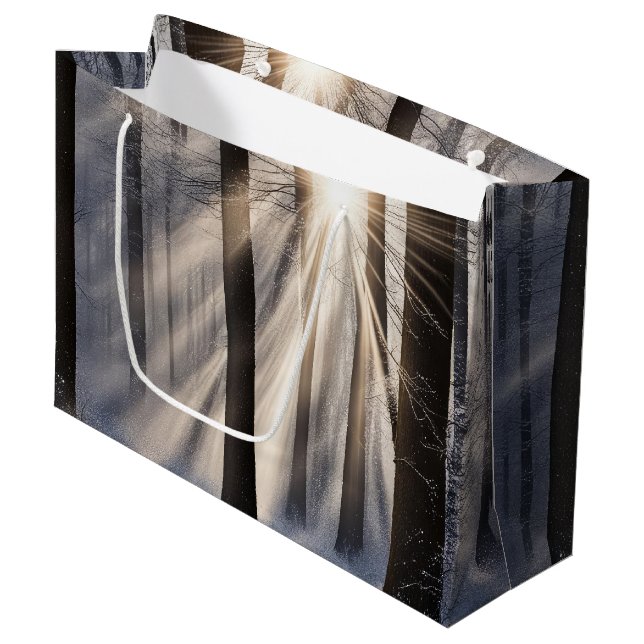 Winterwald mit Sonnenbäumen Große Geschenktüte (Vorderseite Schrägansicht)