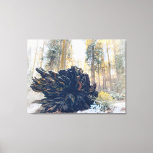 Winterwald mit umgestürzter Sequoienwurzel Leinwanddruck