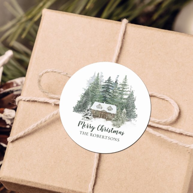 Winterwald Rustikale Weihnachtshütte Runder Aufkleber (Von Creator hochgeladen)