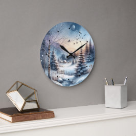 Winterwald Schneehaus Bäume Blauer Teich Große Wanduhr