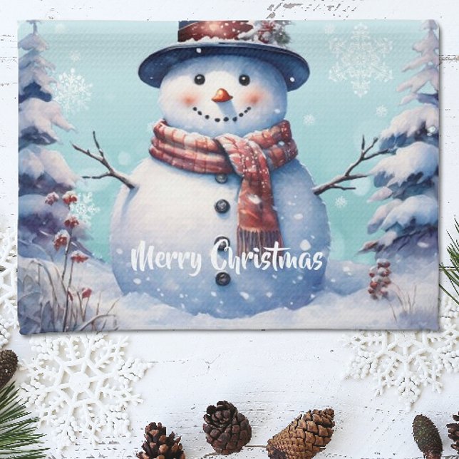 Winterwald Snowman Weihnachten | Aquamarin Geschirrtuch (Teal Winter Forest Snowman Christmas Kitchen Towel)
