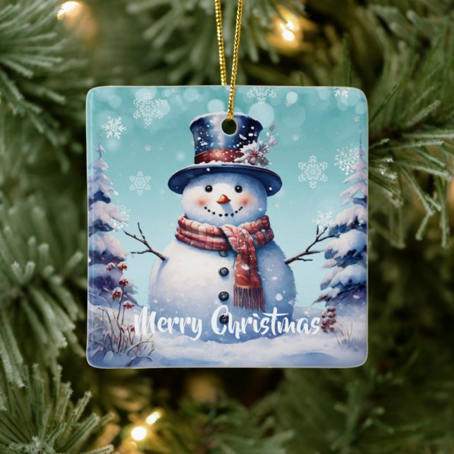 Winterwald Snowman Weihnachten | Aquamarin Keramikornament (Baum)