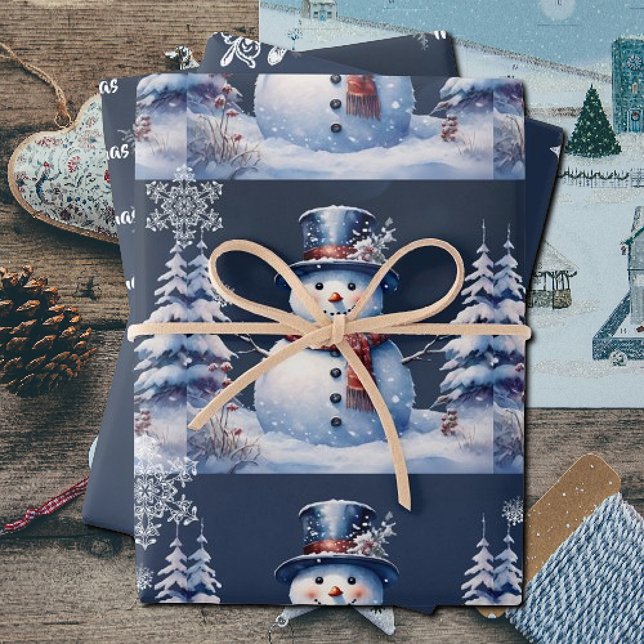 Winterwald Snowman Weihnachten | Blau Geschenkpapier Set (Winter Forest Snowman Christmas Wrapping Paper Sheets)