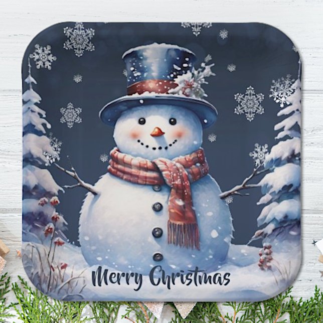Winterwald Snowman Weihnachten | Blau Pappteller (Blue Winter Forest Snowman Christmas Paper Plates)