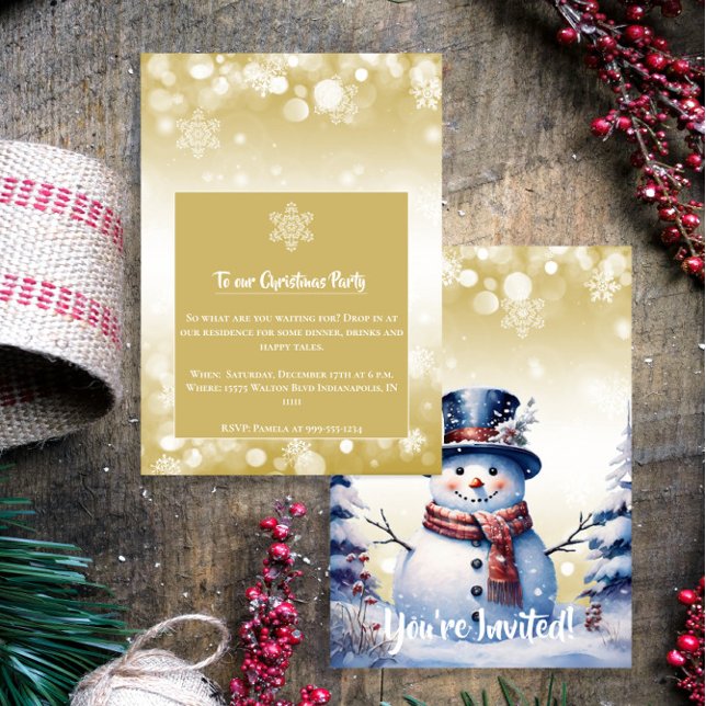 Winterwald Snowman Weihnachten | Gold-Party Einladung (Gold Winter Forest Snowman Christmas Party Invitation)