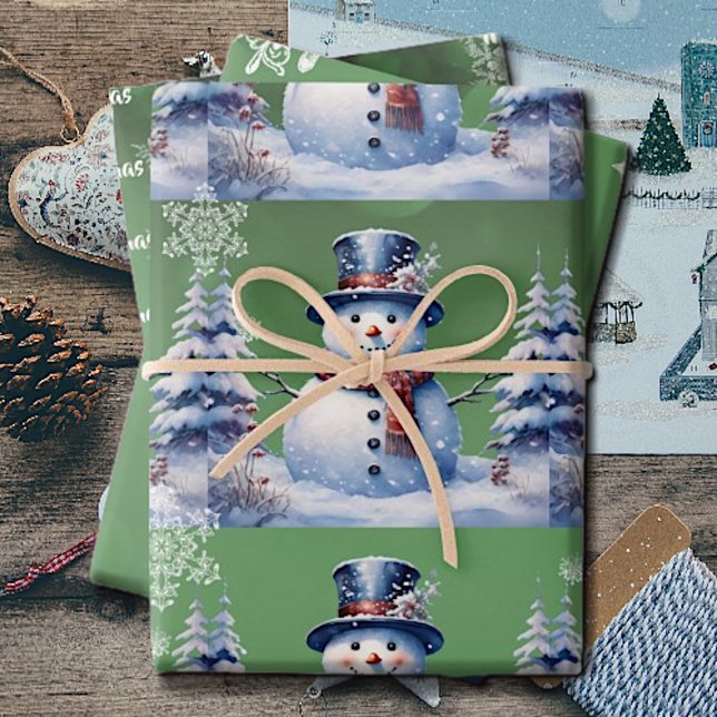 Winterwald Snowman Weihnachten | Green Geschenkpapier Set (Green Winter Forest Snowman Christmas Wrapping Paper Sheets)