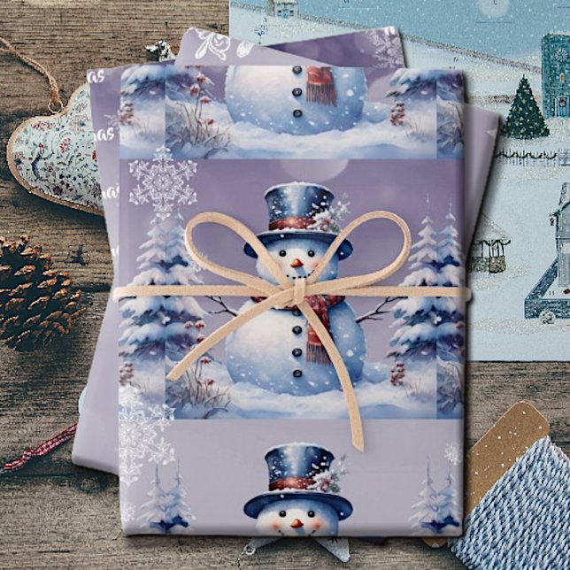 Winterwald Snowman Weihnachten | Lila Geschenkpapier Set (Purple Winter Forest Snowman Christmas Wrapping Paper Sheets)