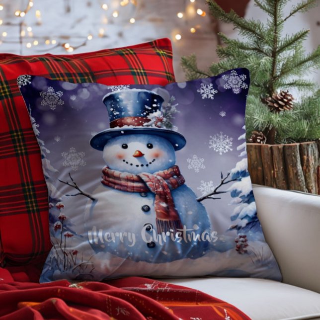 Winterwald Snowman Weihnachten | Lila Kissen (Purple Winter Forest Snowman Christmas Throw Pillow)