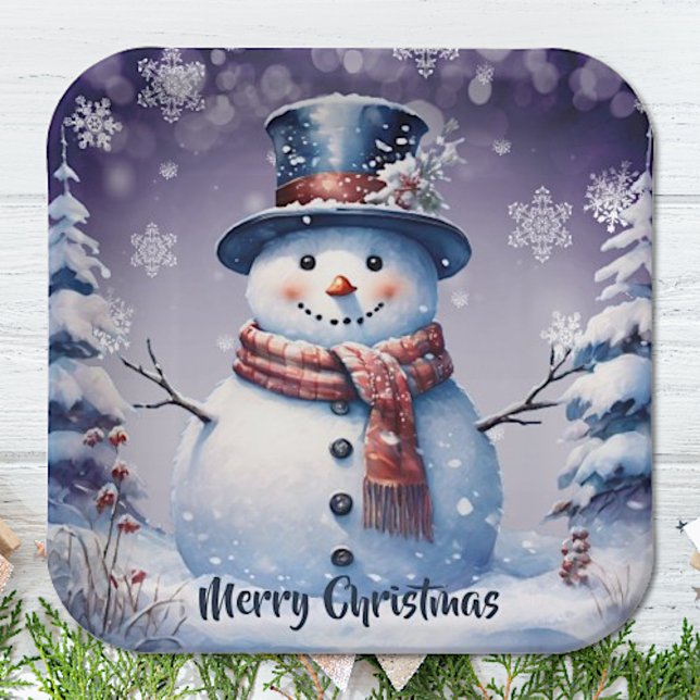 Winterwald Snowman Weihnachten | Lila Pappteller (Purple Winter Forest Snowman Christmas Paper Plates)