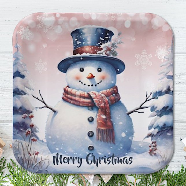 Winterwald Snowman Weihnachten | Pink Pappteller (Pink Winter Forest Snowman Christmas Paper Plates)