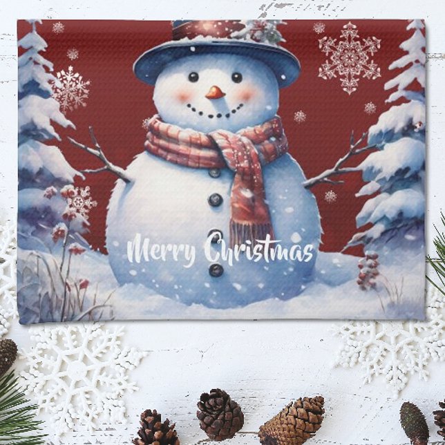 Winterwald Snowman Weihnachten | Rot Geschirrtuch (Red Winter Forest Snowman Christmas Kitchen Towel)