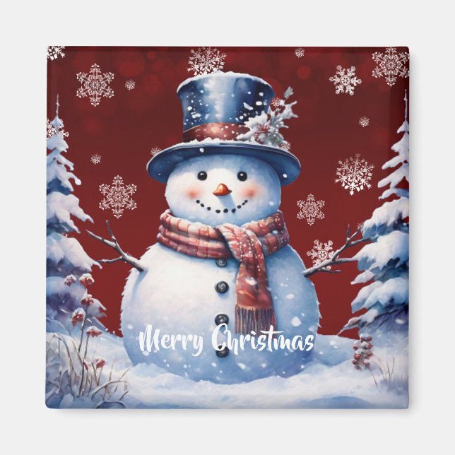 Winterwald Snowman Weihnachten | Rot Magnet (Vorne)