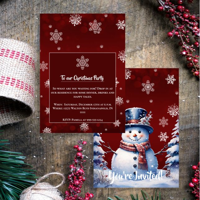 Winterwald Snowman Weihnachten | Rotes Party Einladung (Red Winter Forest Snowman Christmas Party Invitation)