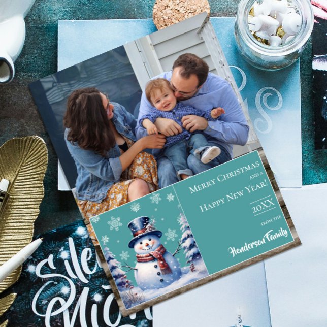 Winterwald Snowman Weihnachtsfest Foto | Aquamarin Feiertagskarte (Teal Winter Forest Snowman Christmas Photo Holiday Card)