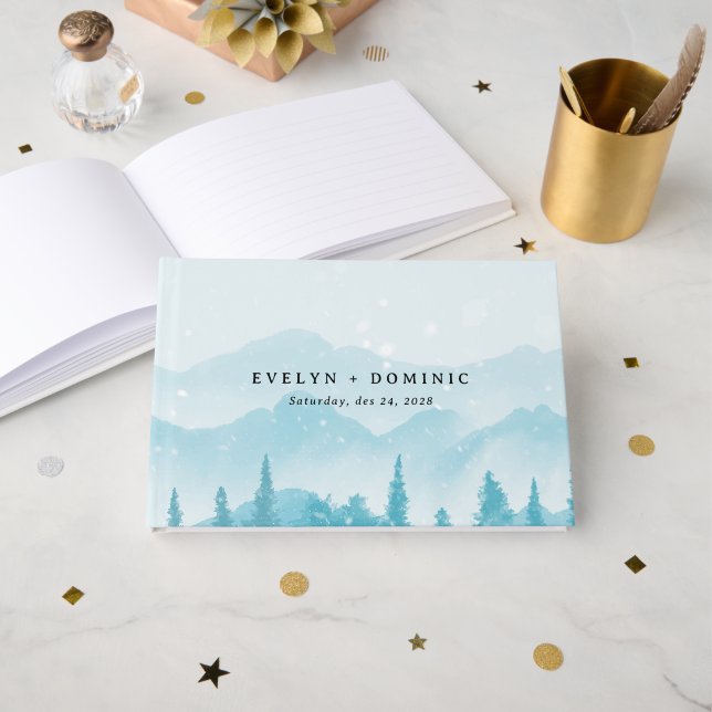 Winterwald Snowy Mountain Hochzeit Gästebuch (Vorderseite Offen)