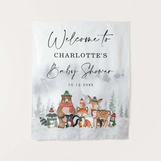 Winterwald-Tiere Kinderdusche Willkommen Wandteppich (Vorderseite)