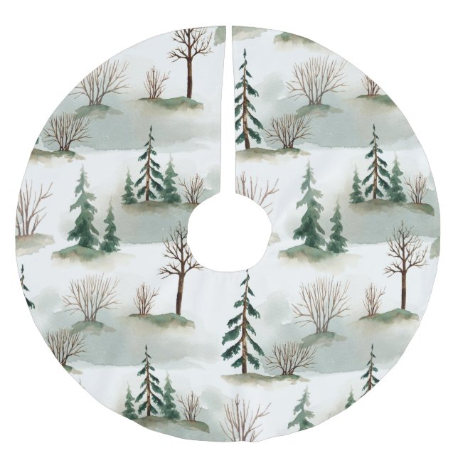 Winterwald: Von Hand Gezeichnet Grüner Weichzeichn Polyester Weihnachtsbaumdecke (Vorderseite)
