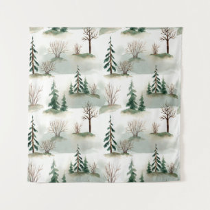 Winterwald: Von Hand Gezeichnet Grüner Weichzeichn Wandteppich