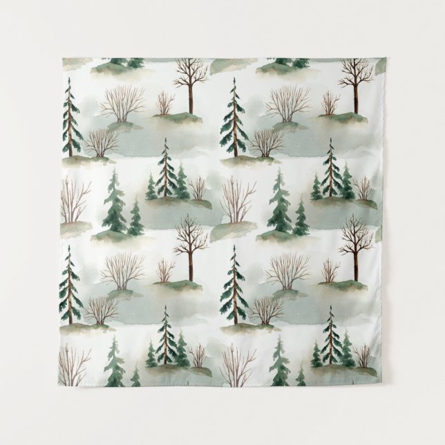 Winterwald: Von Hand Gezeichnet Grüner Weichzeichn Wandteppich (Vorderseite)
