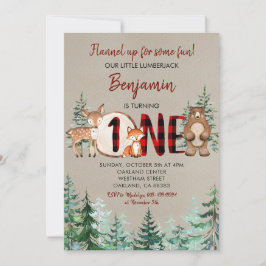 Winterwald Waldland Rot Kariert Erster Geburtstag Einladung